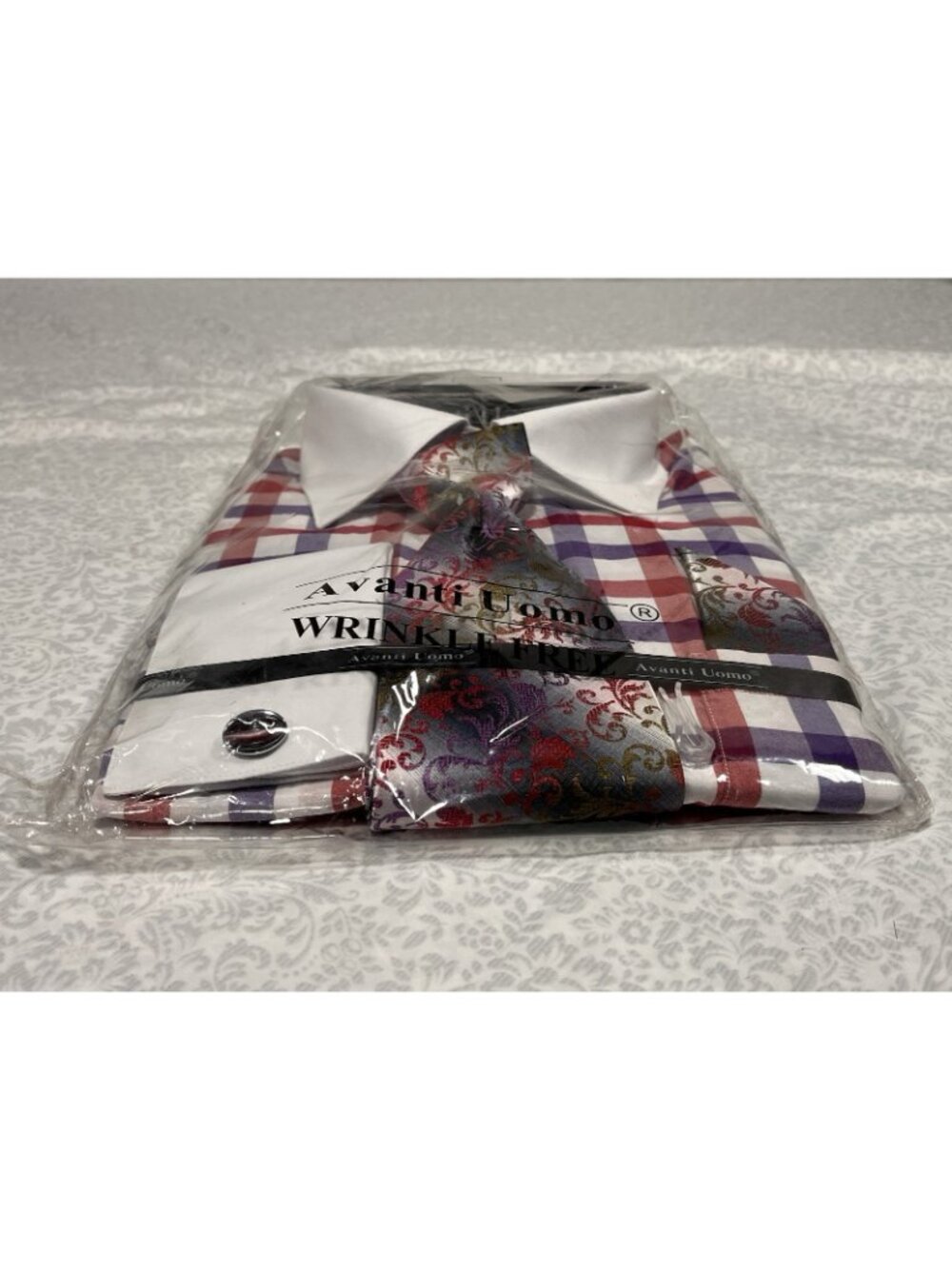 Avanti Uomo Dress Shirt Set 17.5 36/37 XL Plaid Paisley Tie Pocket Square NWT - Picture 5 of 13